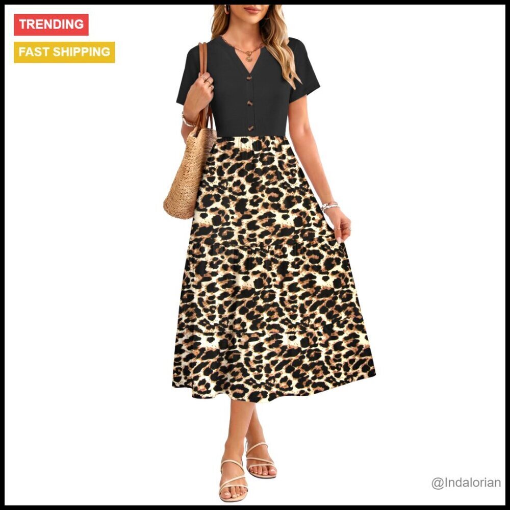 Midi Sundress Tiered V-Neck Casual Summer Dress with Pockets Button Front